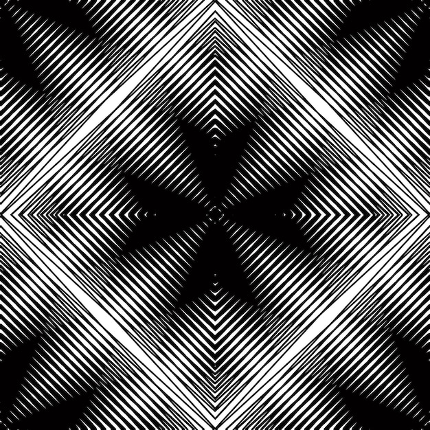 Vector pattern with black graphic lines, kaleidoscope abstract background with overlay ornament. Monochrome illusive seamless backdrop, can be used for graphic design.