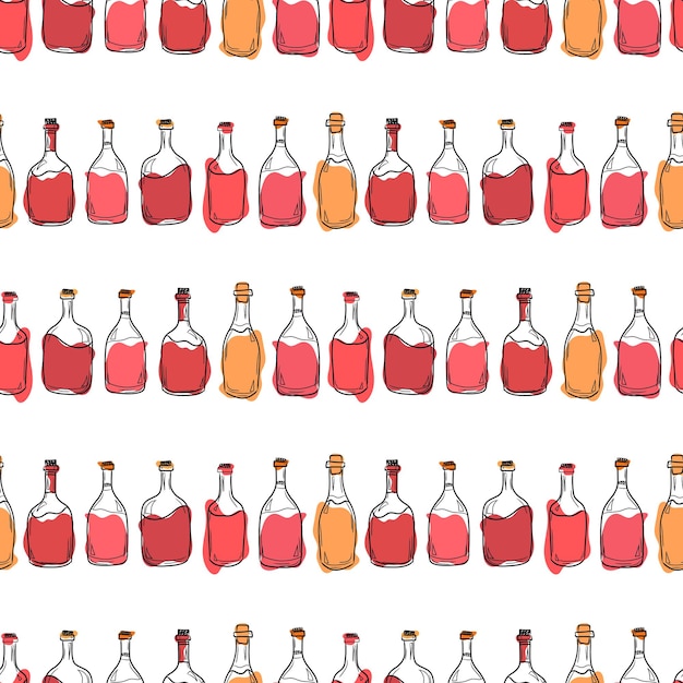 흰색 배경에 빨간색과 흰색 와인 한 병이 있는 벡터 패턴 유리 병에 알코올