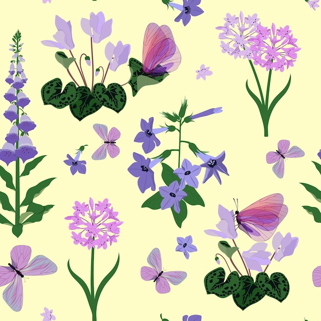 Vector pattern with campanula cyclamens digitalis and butterflies on a yellow background