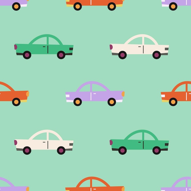 Векторный рисунок с милыми красочными автомобилями на зеленом фоне