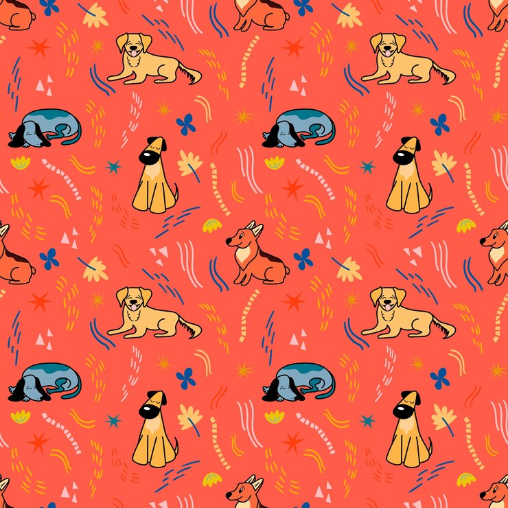 Vector pattern with cute different breeds of dogs in cartoon style on a red background