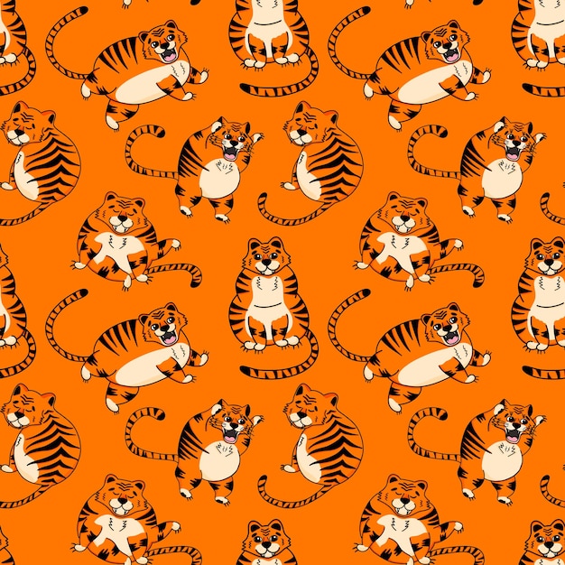 Векторный образец с милыми счастливыми тиграми, диким животным тигром в мультяшном стиле