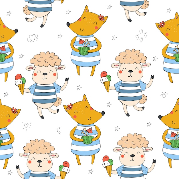 Vector vector pattern with cute little sheep and fox in cartoon style