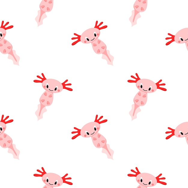 Vector pattern with cute pink axolotl amphibian marine animal cartoonstyle pattern