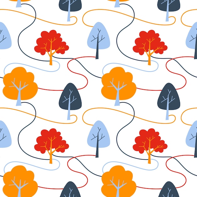 낙서 포옹 스타일의 귀여운 스칸디나비아 여러 가지 빛깔의 나무가 있는 벡터 패턴
