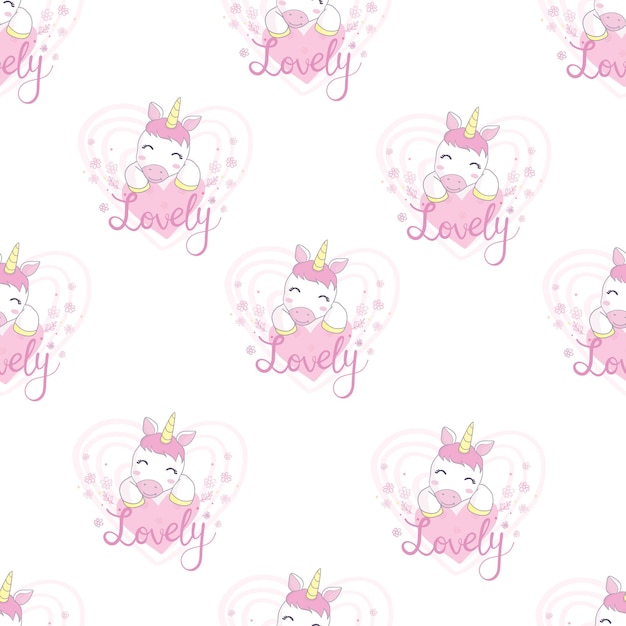 Vector pattern with cute unicorns cloudsrainbow and stars magic background with little unicorns