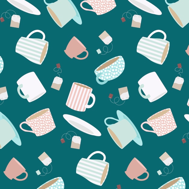 Vector pattern with flat tea cups on blue background