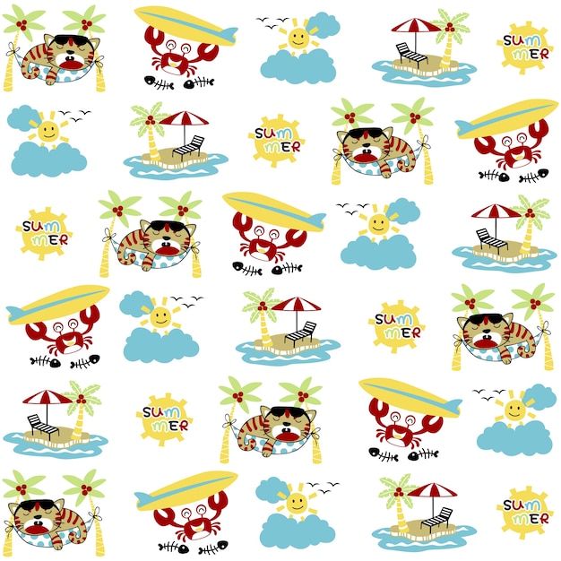 Vector pattern with funny animals cartoon at summer holiday in the beach