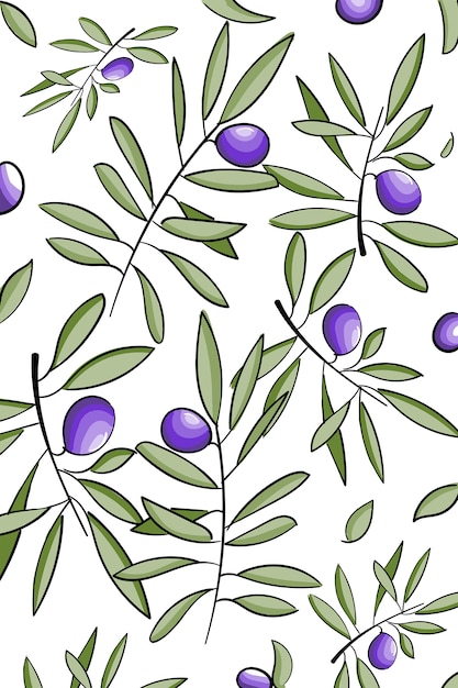 Vector pattern with ink hand drawn olive tree twigs isolated on white