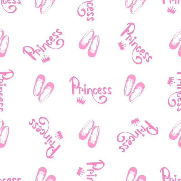 Vector pattern with the inscription Princess crown and shoes in pink