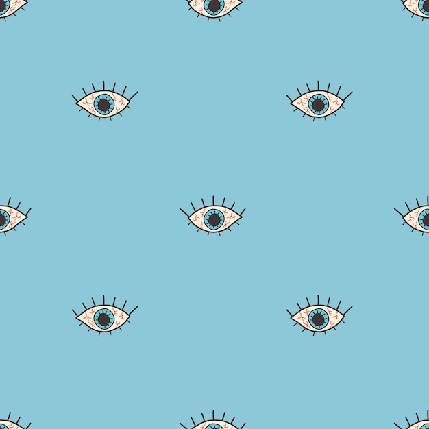 Vector pattern with an open red eye in a flat style on a blue background