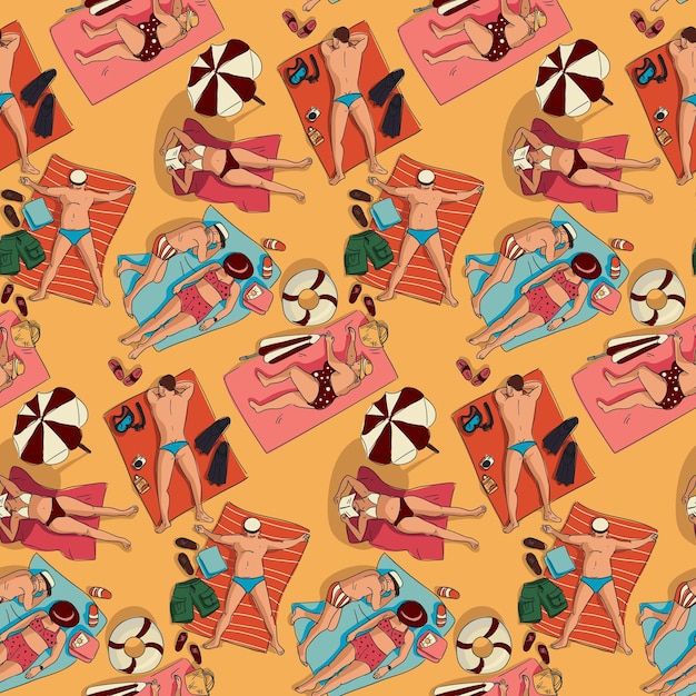 Vector pattern with people sunbathing on the beach in a fashionable flat style A linear contour