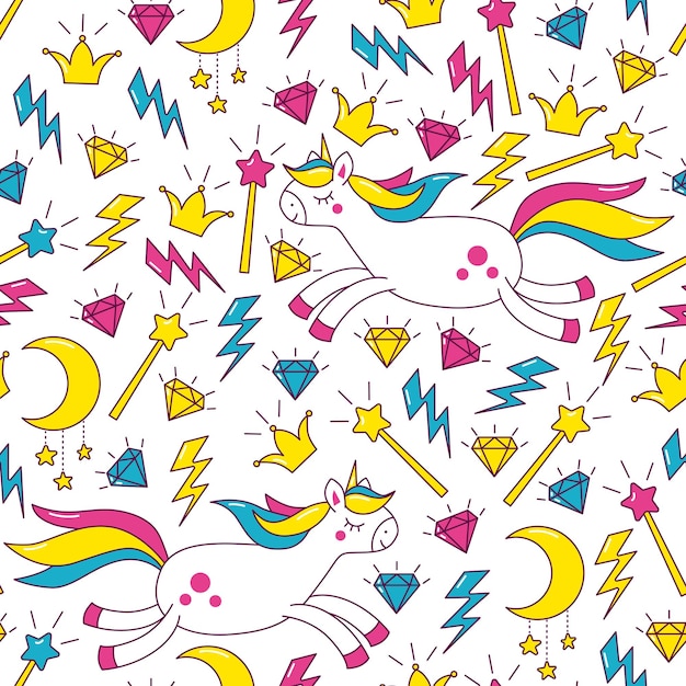 Vector pattern with pony unicorns magic wand crown and diamonds