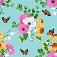 Vector vector pattern with primrose anemone eucalyptus field bells and butterflies