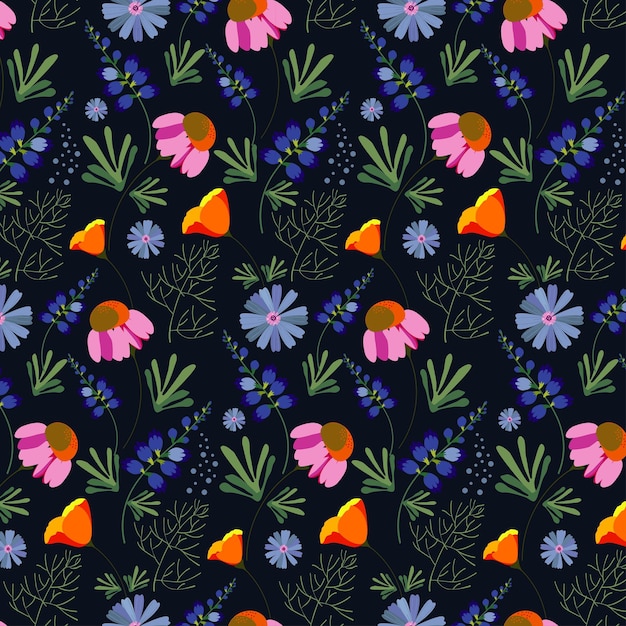 Vector vector pattern with wildflowers leaves
