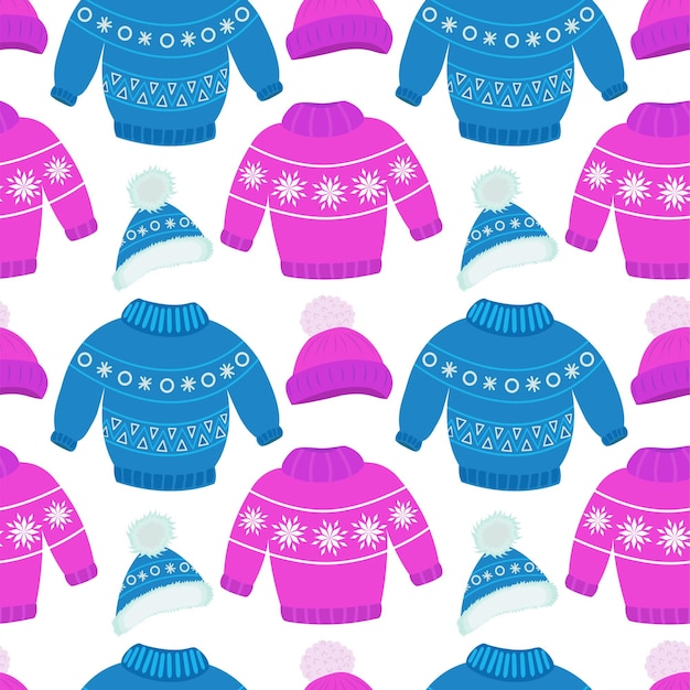 Vector pattern with winter clothes Children's warm winter clothes for walking Knitted hat scarf