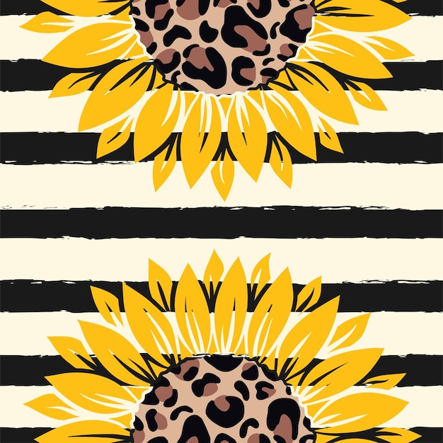 Reticolo di vettore con girasoli gialli su un giallo con stampa leopardo su sfondo bianco.