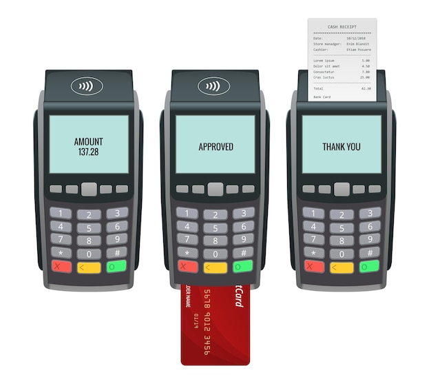 Vector vector payment machine and credit card. pos terminal confirms the payment by debit credit card, invoce. vector illustration in flat design. nfc payments concept.