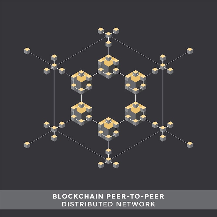 Vector vector peer-to-peer distributed database algorithms principal scheme infographic blockchain network architecture technology digital business concept illustration