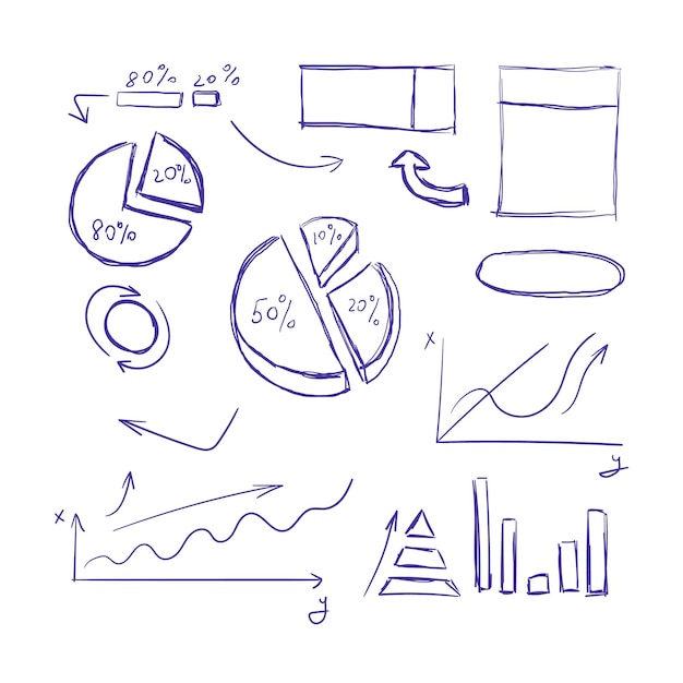 Vector pen getrokken grafieken grafische schema's pijlen blauwe krabbel lijnen geïsoleerd ruwe ontwerp illustratie