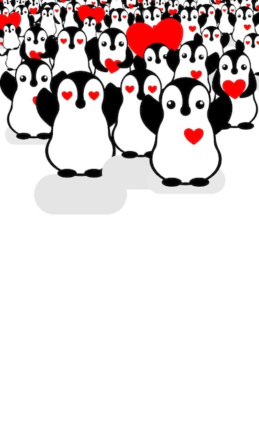 Vector penguin heart icons loving crowd of penguins fans at the concert likes and followers