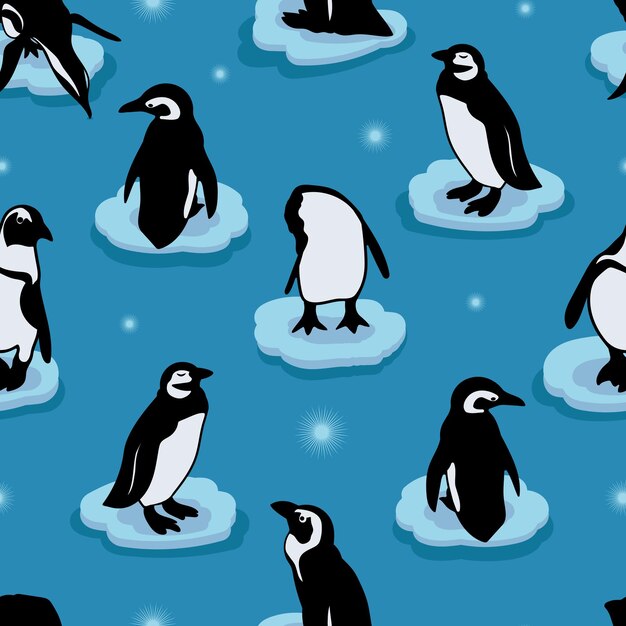 Vector penguins on ice floe set Seamless pattern