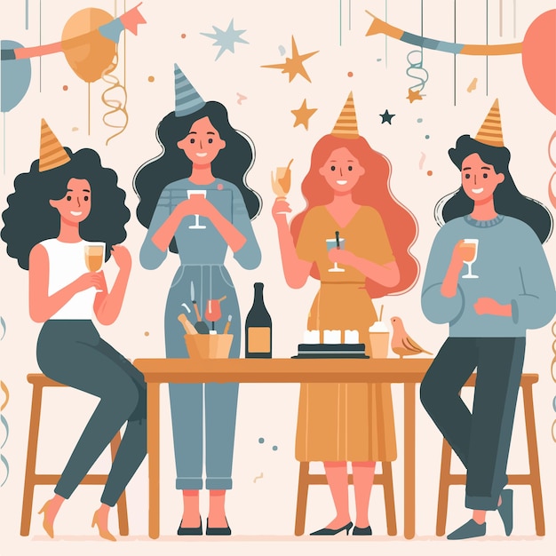 Vector vector of people celebrating birthday party with a simple and minimalist flat design style