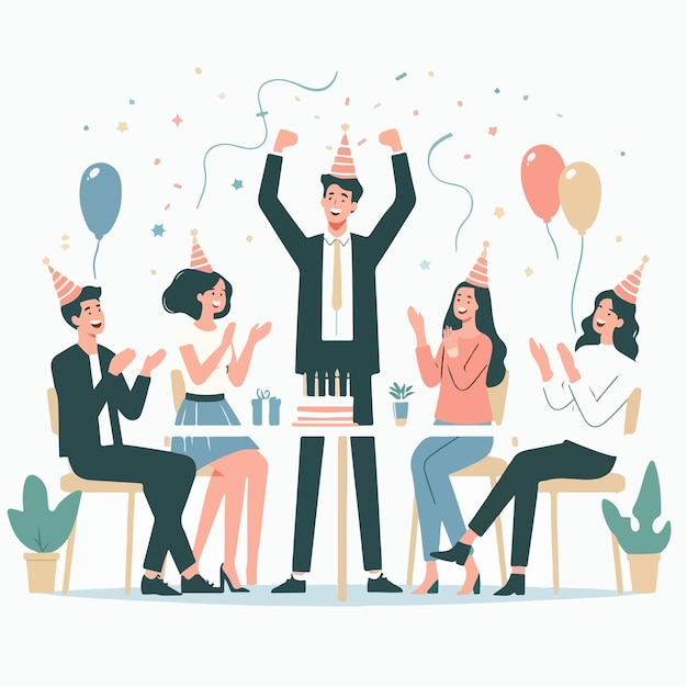 Vector of people celebrating birthday party with a simple and minimalist flat design style