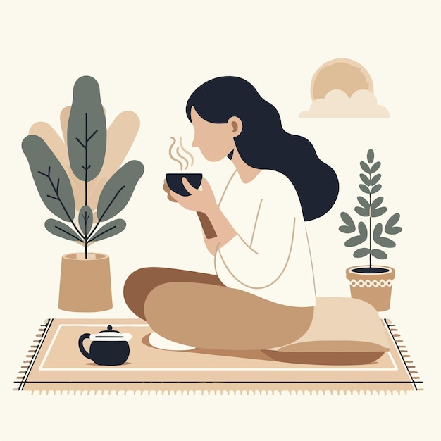Vector vector of people sitting on a pedestal and drinking coffee in flat design style
