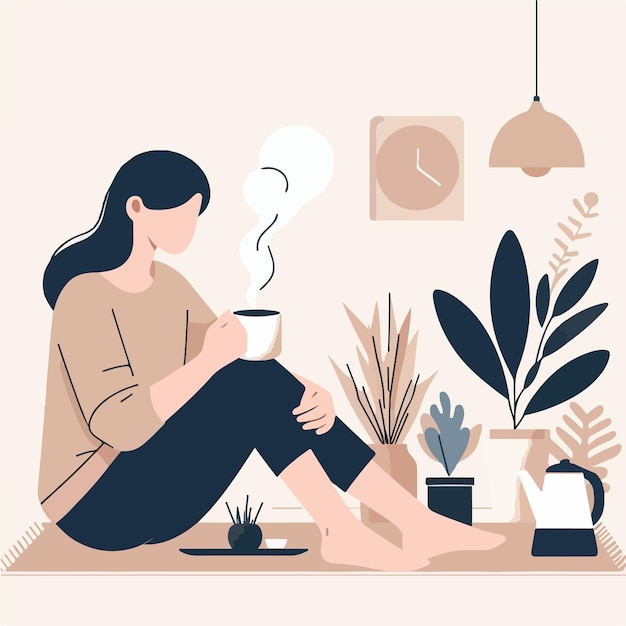 Vector vector of people sitting on a pedestal and drinking coffee in flat design style