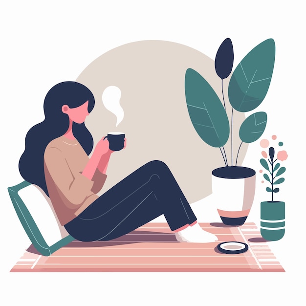 Vector vector of people sitting on a pedestal and drinking coffee in flat design style