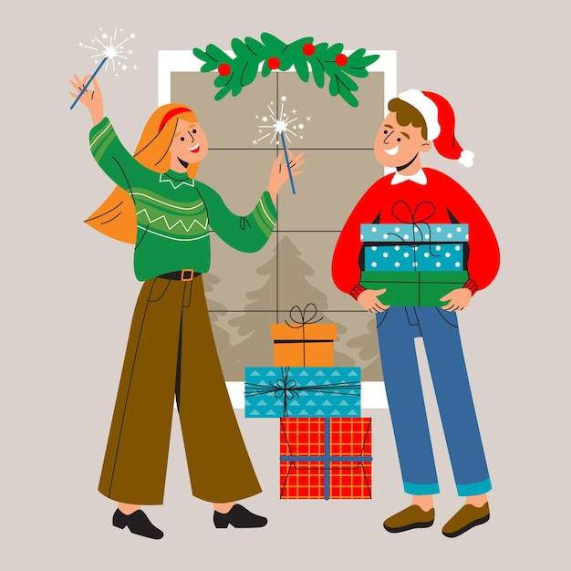 Vettore le persone vettoriali in abiti invernali sono felici durante le vacanze di natale le persone presentano una confezione regalo