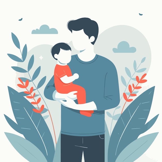 Vector vector of a person holding his child in a flat design style plant background