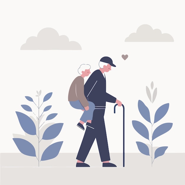 Vector vector of a person holding his child in a flat design style plant background