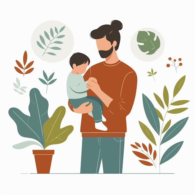 Vector vector of a person holding his child in a flat design style plant background