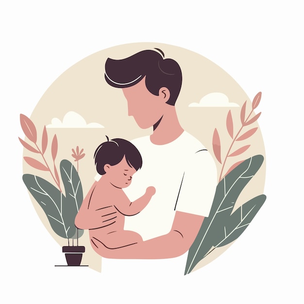 平らなデザインのスタイルで子供を抱いている人のベクトル 植物の背景