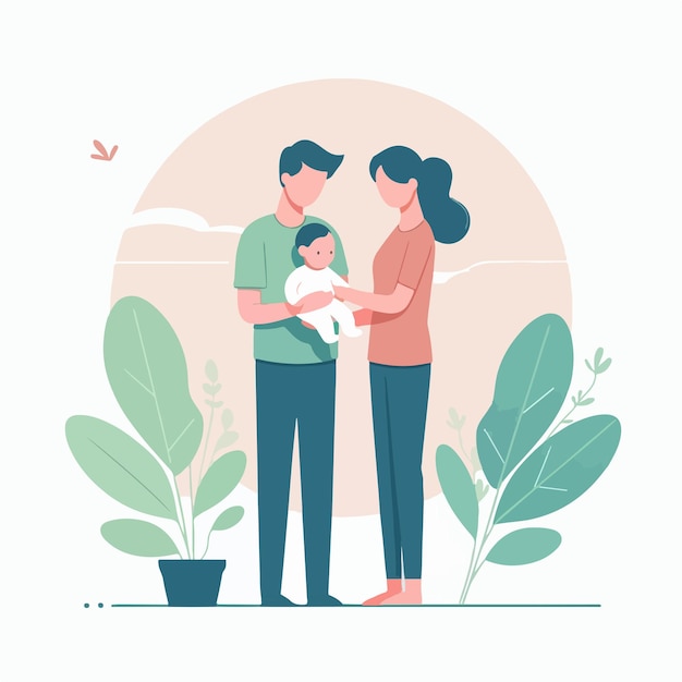 Vector vector of a person holding his child in a flat design style plant background