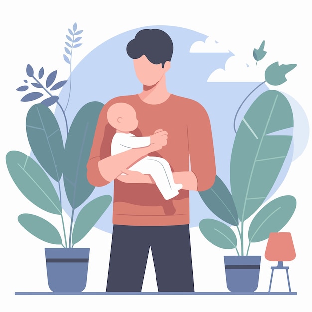 Vector of a person holding his child in a flat design style Plant background