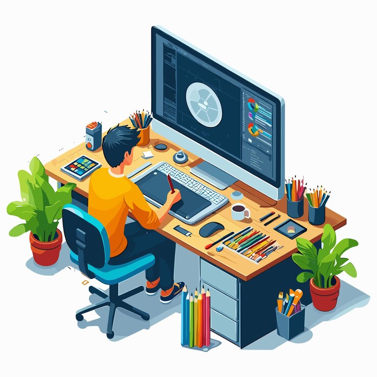 机の上で植物とカラーパレットでコンピューターで働いている人のベクトル