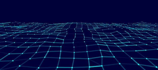 Вектор Векторная перспективная сетка цифровой фон в стиле ретро wireframe пейзаж на черном фоне