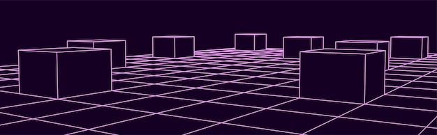 Векторная перспективная сетка Цифровое киберпространство Структура сетевого соединения Концепция фиолетового фона Векторная иллюстрация для веб-сайта