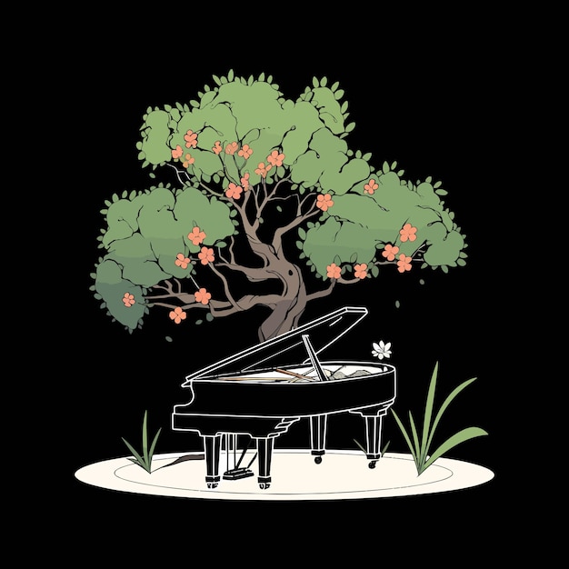 Vector piano instrument under the tree illustration hand draw