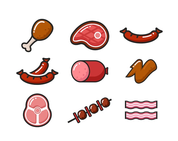 Vector pictogram illustratie. Kleurrijk vlees. Kip, biefstuk, spek, worst, vleugel. Geïsoleerd op witte bac