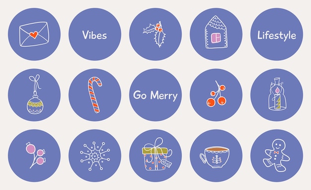 Vector pictograms. Social media highlights cover. Cute Christmas stickers. Holiday's icons.