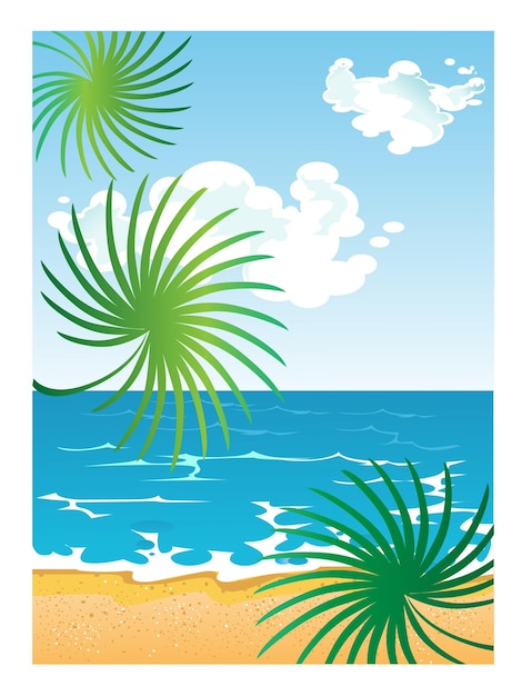 Векторное изображение мультяшного летнего солнечного пляжа с облаками на небе