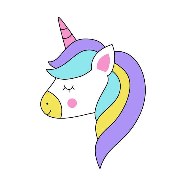 Vector picture of cute kawaii unicorn isolated on white background