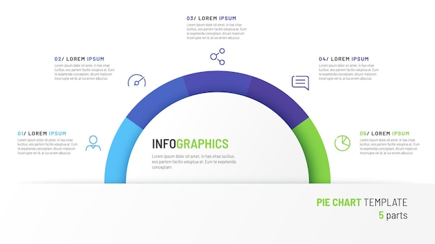 다섯 부분으로 나눈 반원 형태의 벡터 원형 차트 인포 그래픽 템플릿