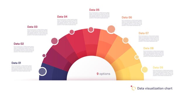 ベクトル 9つの部分で分割された半円の形状のベクトルパイチャートのインフォグラフィックテンプレート