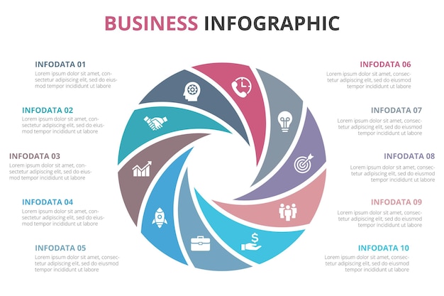 Modello di grafico a torta vettoriale per diagrammi di grafici concetto di infografica del circolo aziendale con 10