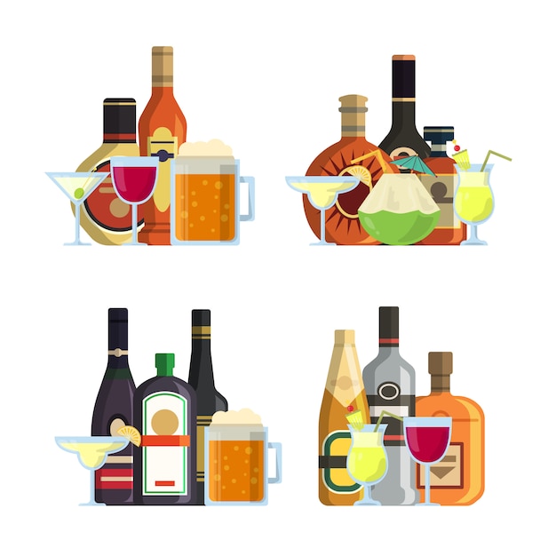 メガネとフラットスタイルセットのボトルのアルコール飲料の山をベクトルします。アルコールボトル、飲料ビールドリンクイラストレーション